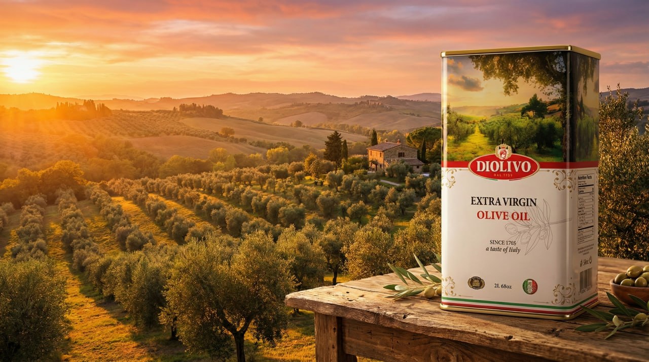 Sun-drenched olive grove at dusk